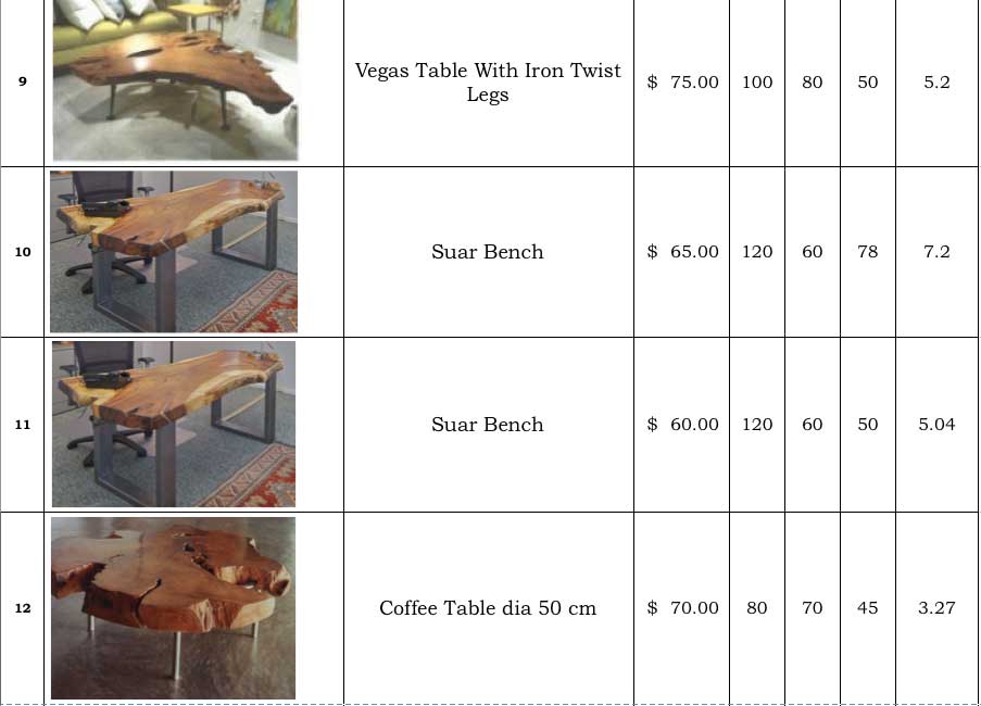 Wooden furniture including table, bench and coffee table with metal legs